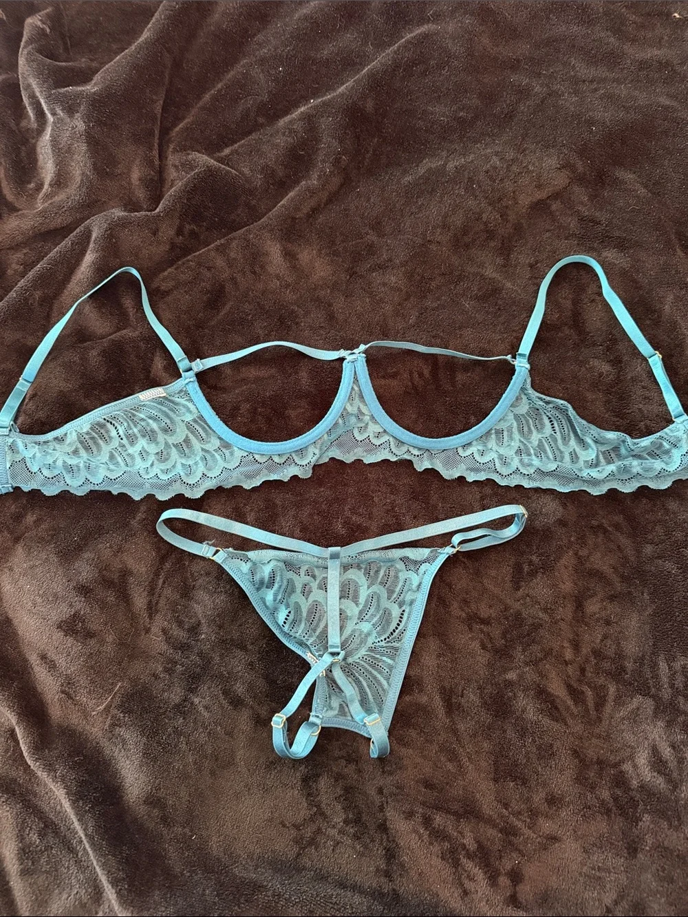 Sheer Lace Bralette & Thong Lingerie Set in Light Blue
